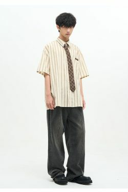 77F7GHT Striped Collar Shirt - Y2K Summer, 90s Grunge, Retro Style, Y2K Party & Club