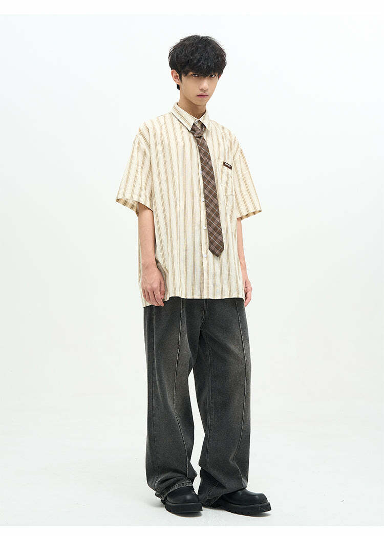 77F7GHT Striped Collar Shirt - Y2K Summer, 90s Grunge, Retro Style, Y2K Party & Club