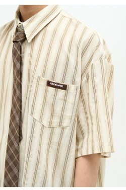 77F7GHT Striped Collar Shirt - Y2K Summer, 90s Grunge, Retro Style, Y2K Party & Club