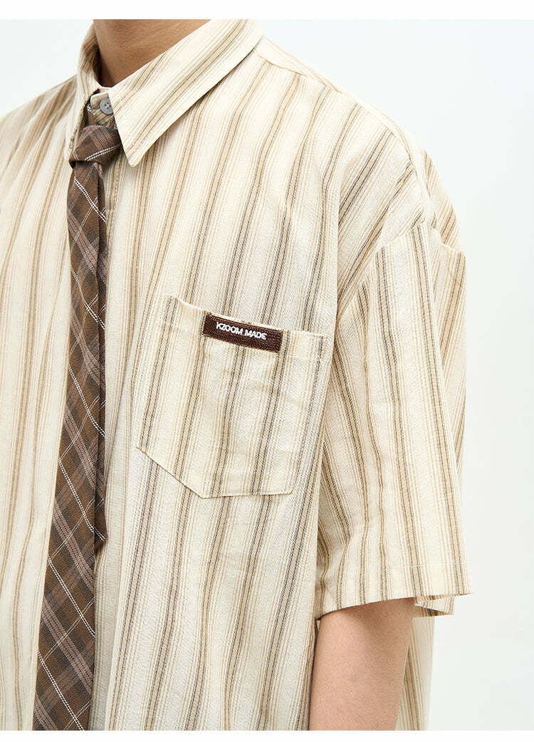 77F7GHT Striped Collar Shirt - Y2K Summer, 90s Grunge, Retro Style, Y2K Party & Club