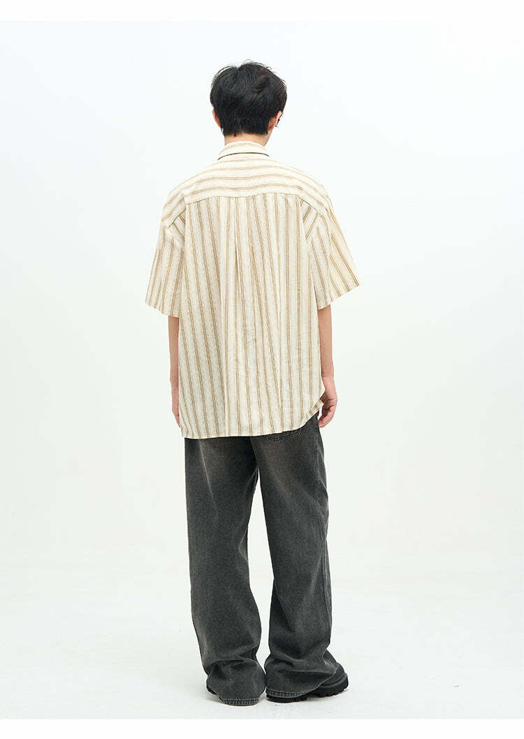 77F7GHT Striped Collar Shirt - Y2K Summer, 90s Grunge, Retro Style, Y2K Party & Club