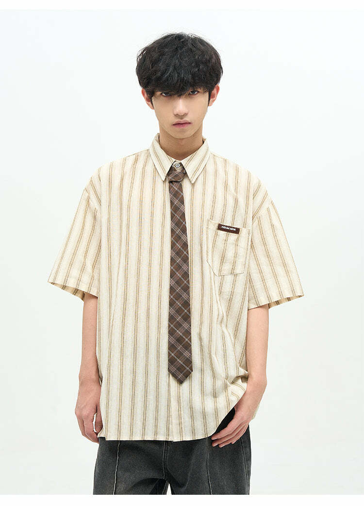 77F7GHT Striped Collar Shirt - Y2K Summer, 90s Grunge, Retro Style, Y2K Party & Club