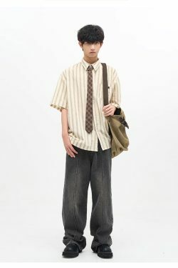 77F7GHT Striped Collar Shirt - Y2K Summer, 90s Grunge, Retro Style, Y2K Party & Club