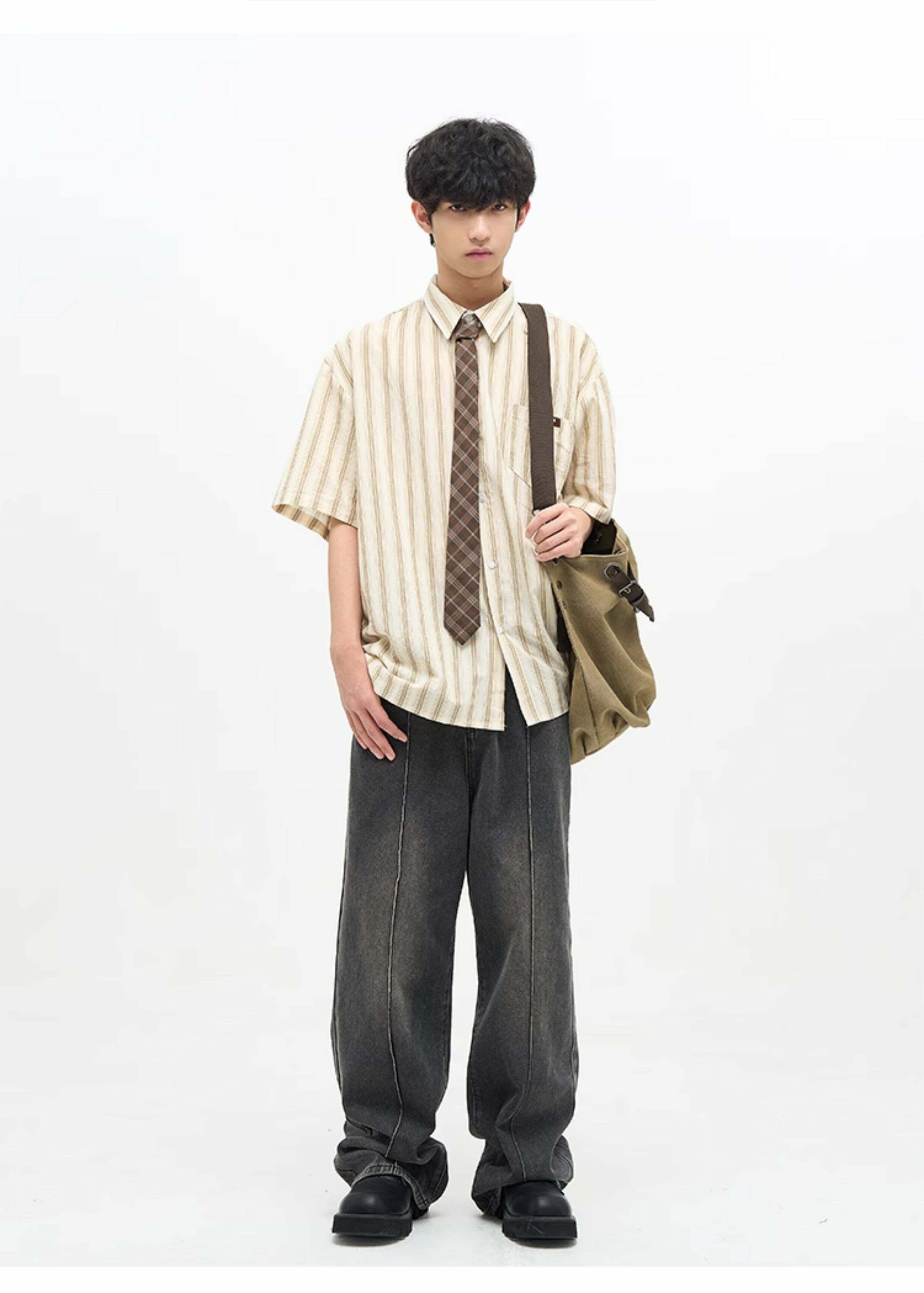 77F7GHT Striped Collar Shirt - Y2K Summer, 90s Grunge, Retro Style, Y2K Party & Club
