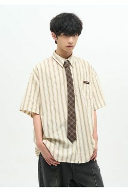 77F7GHT Striped Collar Shirt - Y2K Summer, 90s Grunge, Retro Style, Y2K Party & Club
