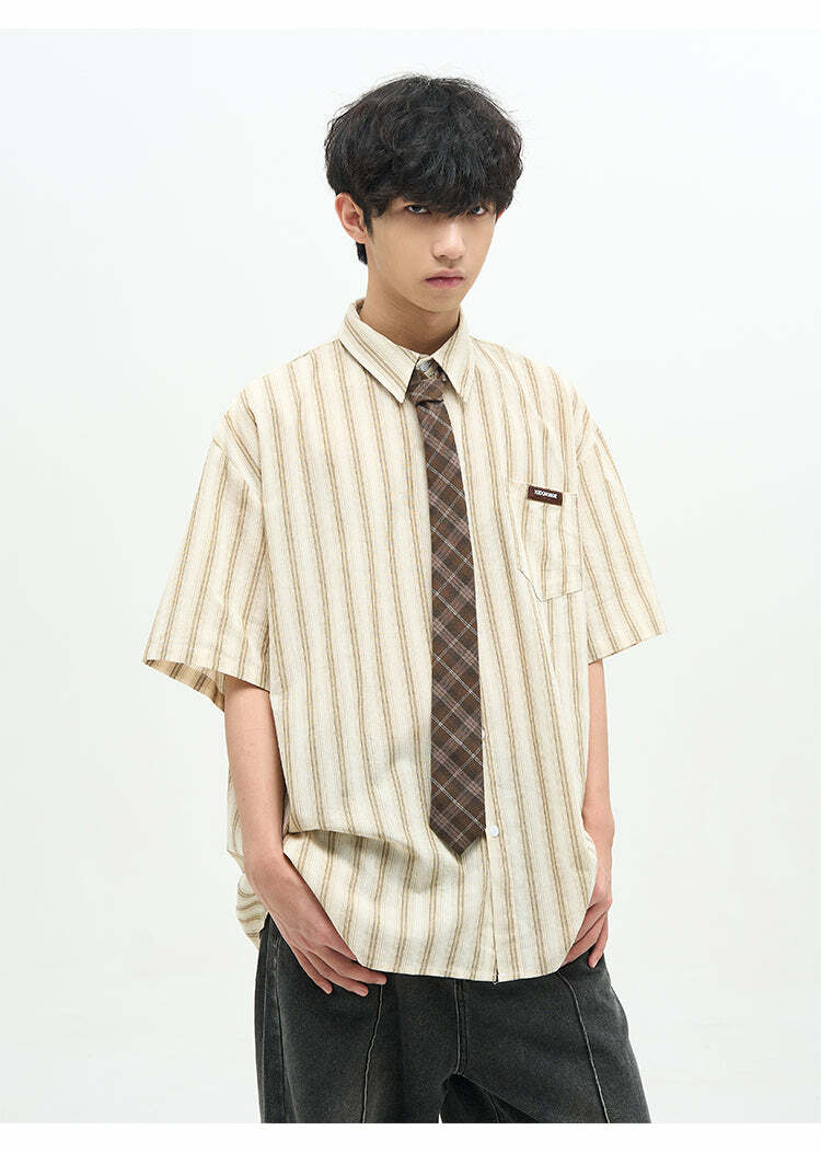 77F7GHT Striped Collar Shirt - Y2K Summer, 90s Grunge, Retro Style, Y2K Party & Club