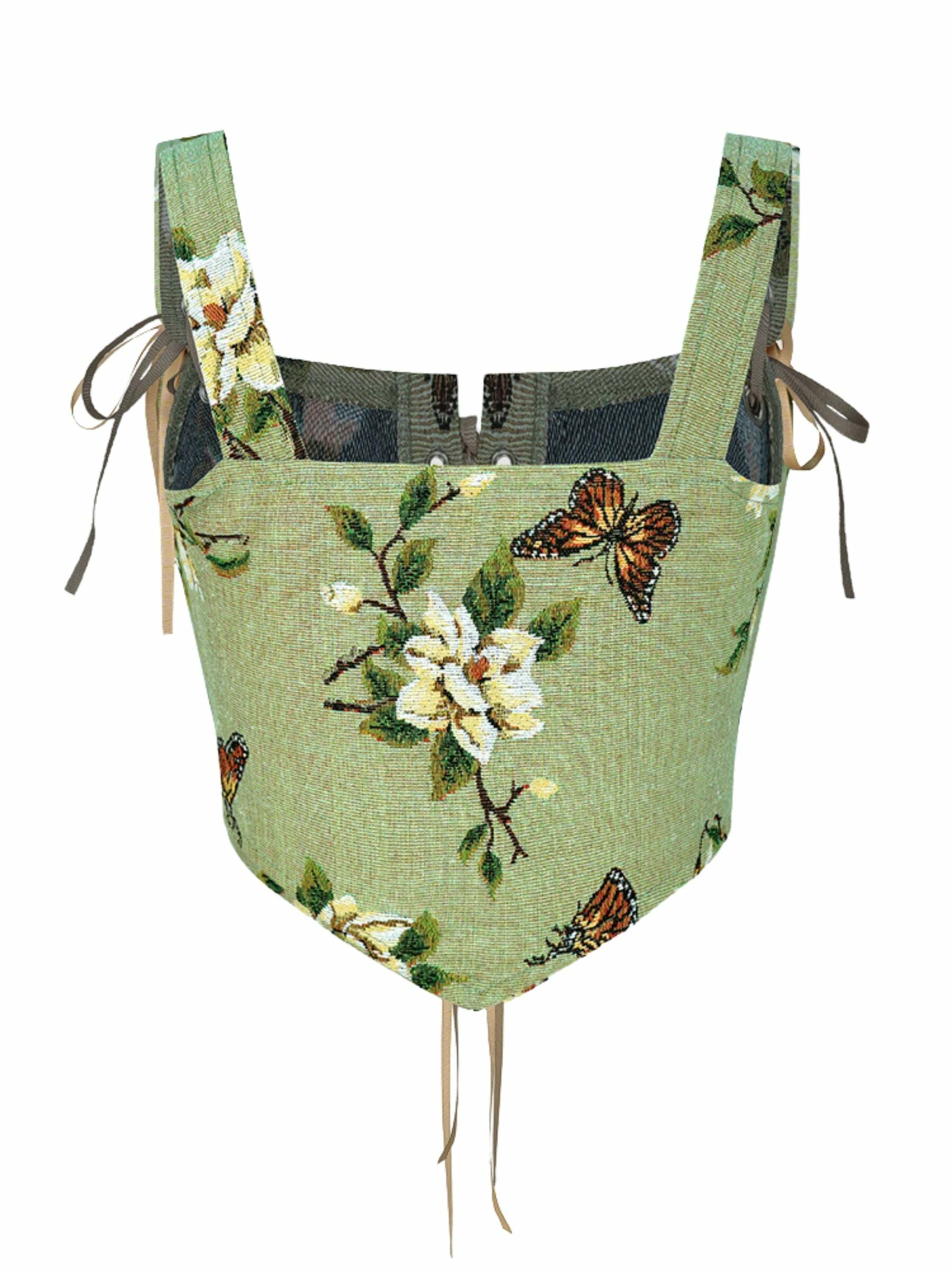 Adela Butterfly Embroidered Strappy Corset Top - Y2K Summer, 90s Fashion, Grunge, Retro Style