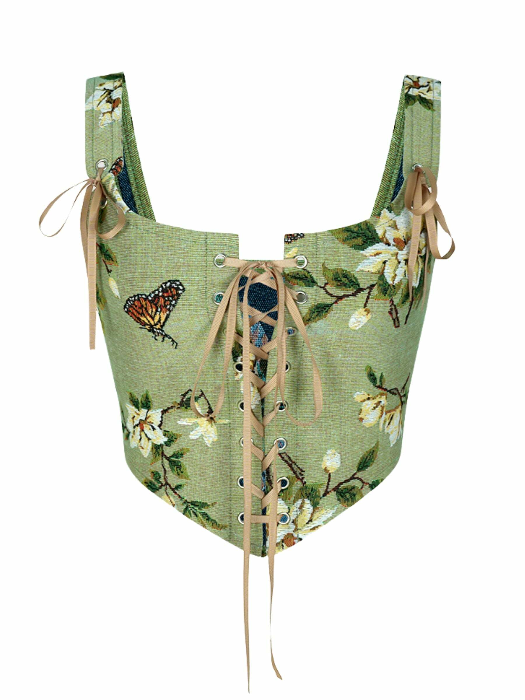 Adela Butterfly Embroidered Strappy Corset Top - Y2K Summer, 90s Fashion, Grunge, Retro Style