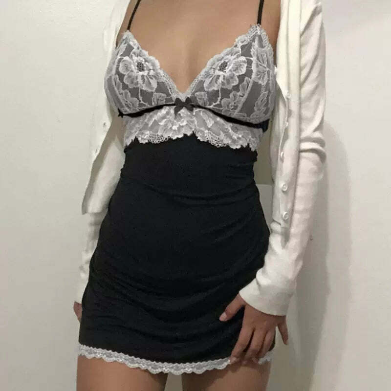 Adison Mini Dress with Lace Detail - Y2K Summer, 90s Fashion, Grunge, Retro, Pastel Goth Outfit
