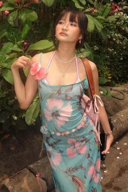 Alara Mesh Floral Maxi Dress - Y2K Summer, 90s Grunge, Retro Style, Pastel Goth, Y2K Party Outfit