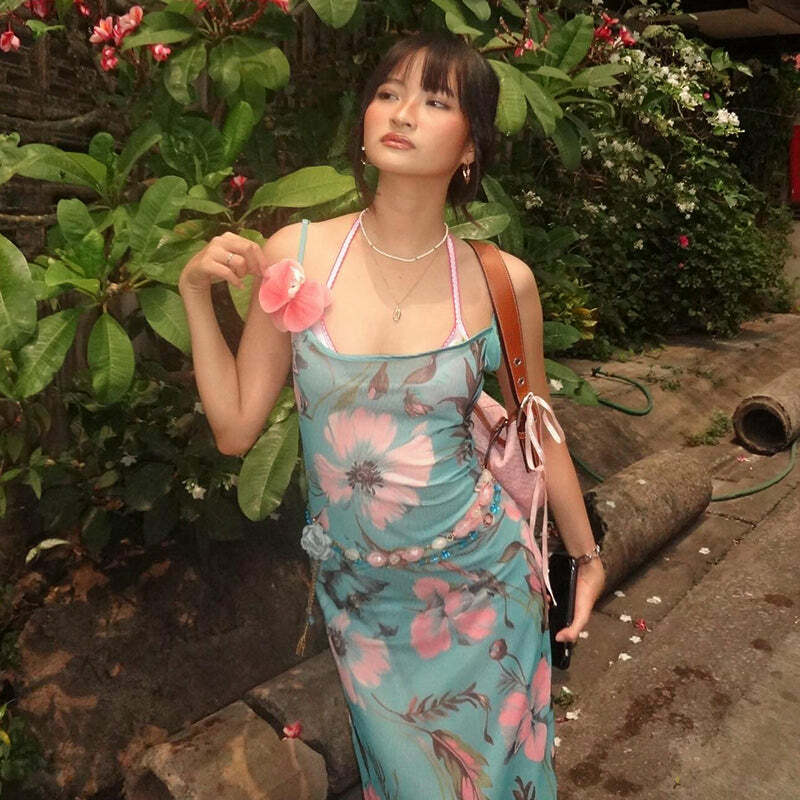 Alara Mesh Floral Maxi Dress - Y2K Summer, 90s Grunge, Retro Style, Pastel Goth, Y2K Party Outfit