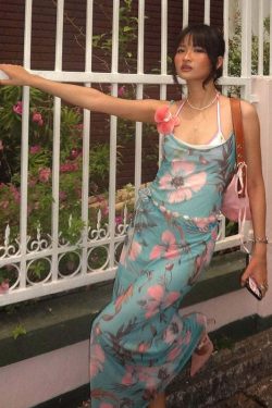 Alara Mesh Floral Maxi Dress - Y2K Summer, 90s Grunge, Retro Style, Pastel Goth, Y2K Party Outfit