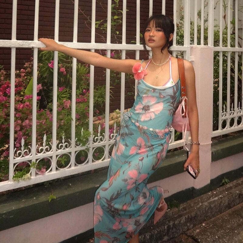 Alara Mesh Floral Maxi Dress - Y2K Summer, 90s Grunge, Retro Style, Pastel Goth, Y2K Party Outfit