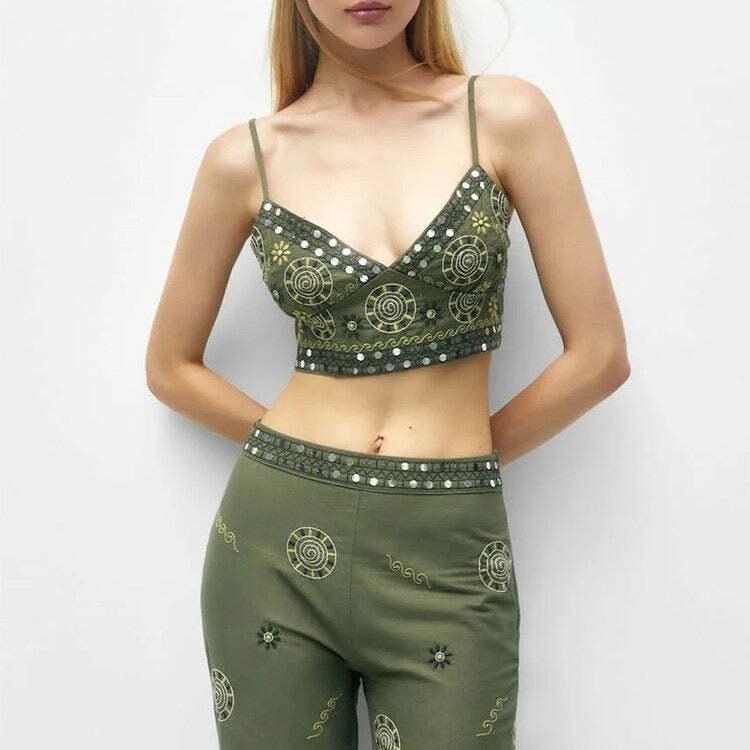 Alexys Embroidered Top & Pants Set - Y2K Summer Grunge, 90s Retro, Pastel Goth, Y2K Party