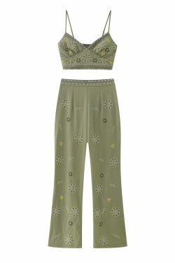 Alexys Embroidered Top & Pants Set - Y2K Summer Grunge, 90s Retro, Pastel Goth, Y2K Party