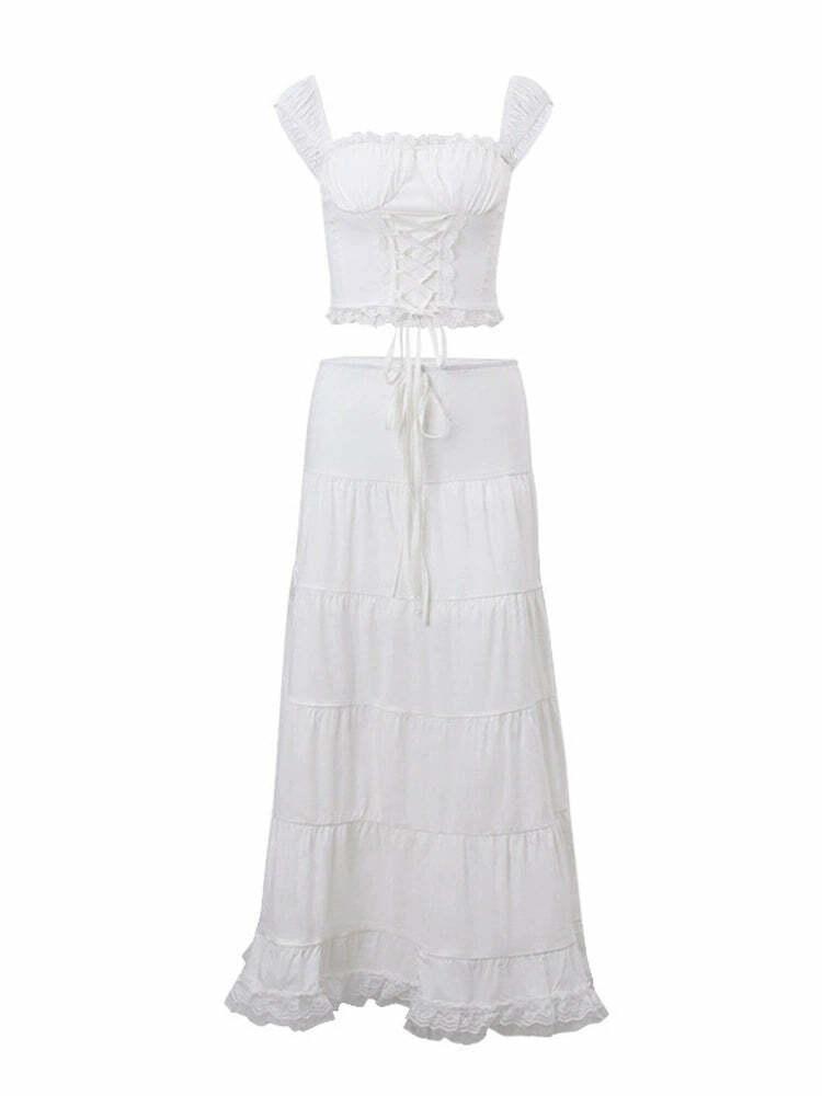 Alika French Y2K Top & Skirt Set - 90s Grunge, Retro Summer, Pastel Goth, Party Outfit
