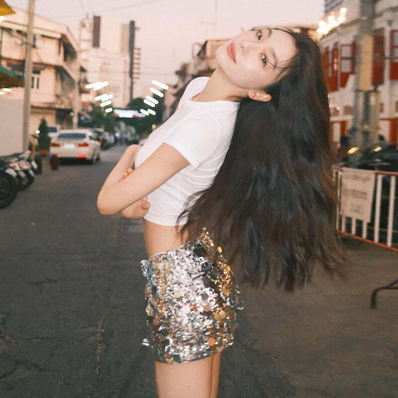Alise Sequin Mini Skirt - Y2K Summer, 90s Grunge, Retro Party, Pastel Goth, Y2K Club