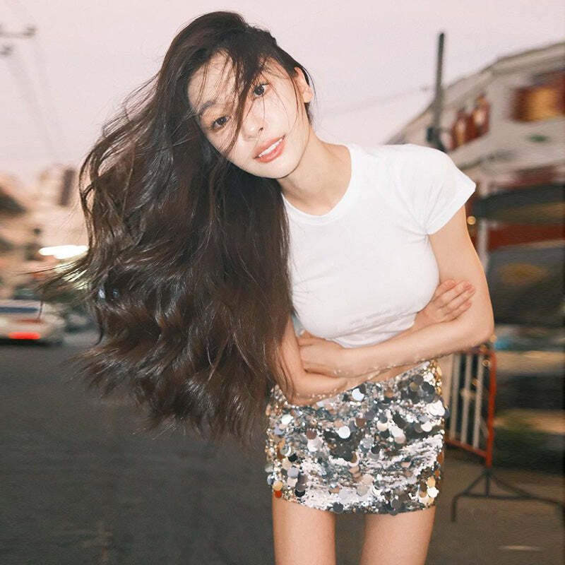 Alise Sequin Mini Skirt - Y2K Summer, 90s Grunge, Retro Party, Pastel Goth, Y2K Club
