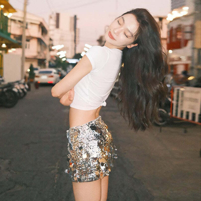 Alise Sequin Mini Skirt - Y2K Summer, 90s Grunge, Retro Party, Pastel Goth, Y2K Club