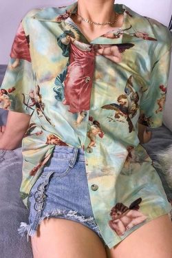 Angel Vintage Buttoned T-Shirt - Y2K Summer Grunge, 90s Retro, Pastel Goth, Y2K Popstar Outfit