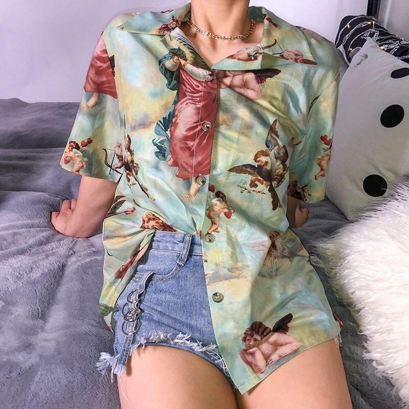 Angel Vintage Buttoned T-Shirt - Y2K Summer Grunge, 90s Retro, Pastel Goth, Y2K Popstar Outfit