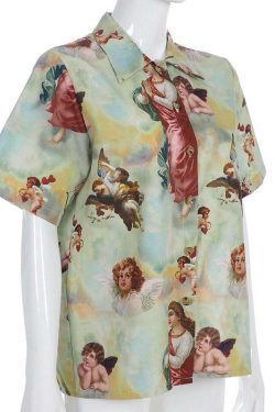 Angel Vintage Buttoned T-Shirt - Y2K Summer Grunge, 90s Retro, Pastel Goth, Y2K Popstar Outfit