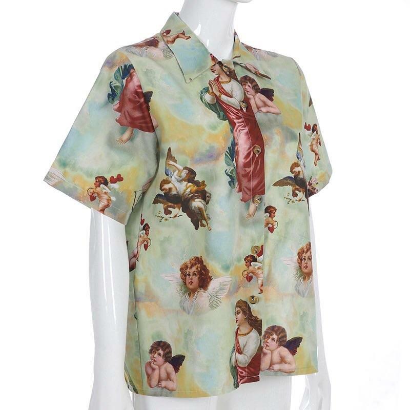 Angel Vintage Buttoned T-Shirt - Y2K Summer Grunge, 90s Retro, Pastel Goth, Y2K Popstar Outfit