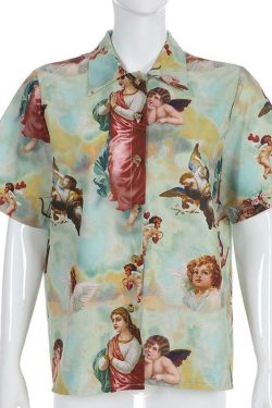 Angel Vintage Buttoned T-Shirt - Y2K Summer Grunge, 90s Retro, Pastel Goth, Y2K Popstar Outfit