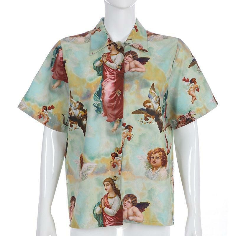 Angel Vintage Buttoned T-Shirt - Y2K Summer Grunge, 90s Retro, Pastel Goth, Y2K Popstar Outfit