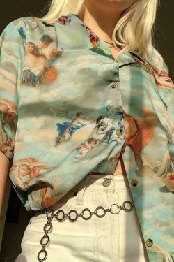 Angel Vintage Buttoned T-Shirt - Y2K Summer Grunge, 90s Retro, Pastel Goth, Y2K Popstar Outfit