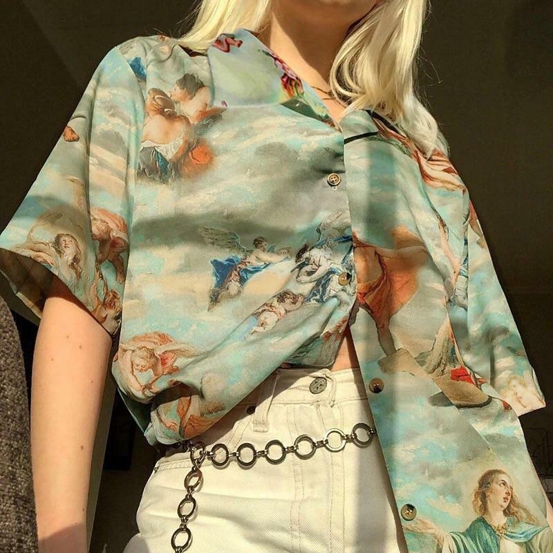 Angel Vintage Buttoned T-Shirt - Y2K Summer Grunge, 90s Retro, Pastel Goth, Y2K Popstar Outfit