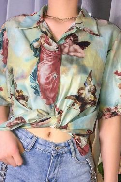 Angel Vintage Buttoned T-Shirt - Y2K Summer Grunge, 90s Retro, Pastel Goth, Y2K Popstar Outfit