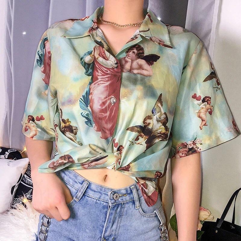 Angel Vintage Buttoned T-Shirt - Y2K Summer Grunge, 90s Retro, Pastel Goth, Y2K Popstar Outfit