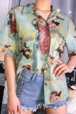 Angel Vintage Buttoned T-Shirt - Y2K Summer Grunge, 90s Retro, Pastel Goth, Y2K Popstar Outfit
