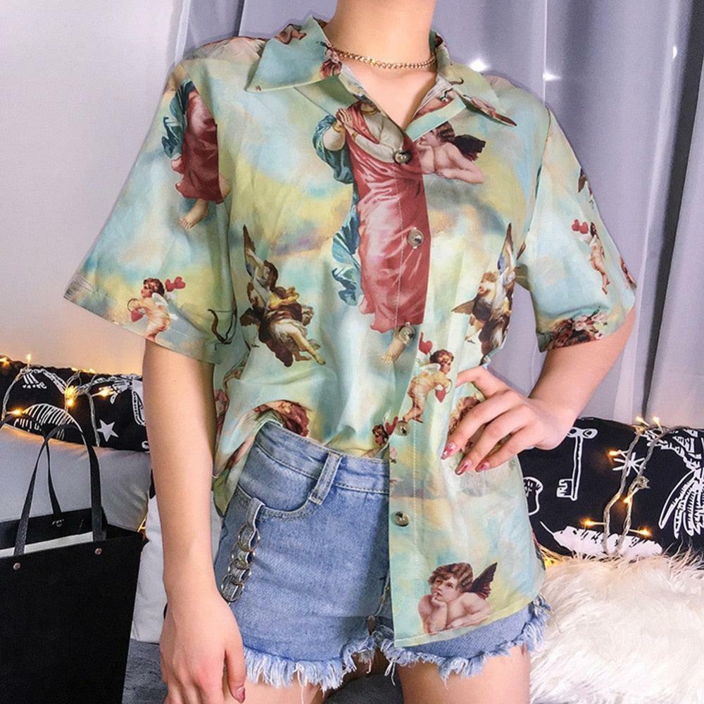 Angel Vintage Buttoned T-Shirt - Y2K Summer Grunge, 90s Retro, Pastel Goth, Y2K Popstar Outfit