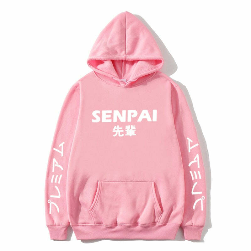 Anime Senpai Pink Hoodie - Y2K Summer, 90s Grunge, Retro Style, Pastel Goth, Y2K Popstar Outfit