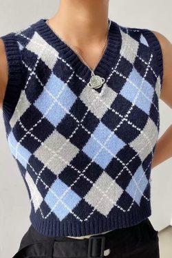Argyle Y2K Checkered Vest - Retro 90s Grunge Summer Outfit, Y2K Fashion, Pastel Goth Style