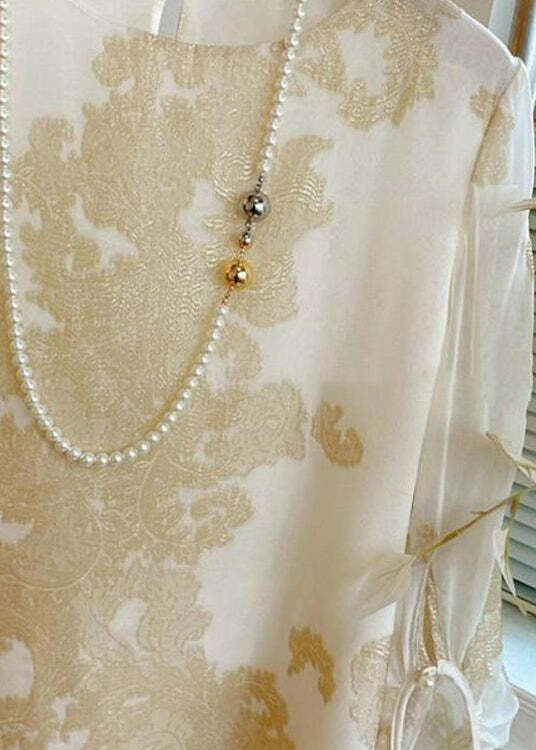 Art Apricot O-Neck Jacquard Patchwork Silk Blouse - Y2K Summer Grunge 90s Retro Fashion
