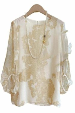 Art Apricot O-Neck Jacquard Patchwork Silk Blouse - Y2K Summer Grunge 90s Retro Fashion