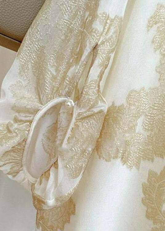 Art Apricot O-Neck Jacquard Patchwork Silk Blouse - Y2K Summer Grunge 90s Retro Fashion