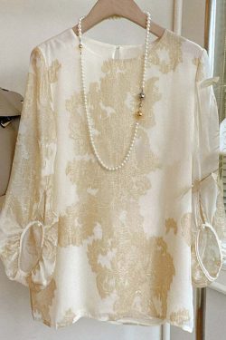 Art Apricot O-Neck Jacquard Patchwork Silk Blouse - Y2K Summer Grunge 90s Retro Fashion