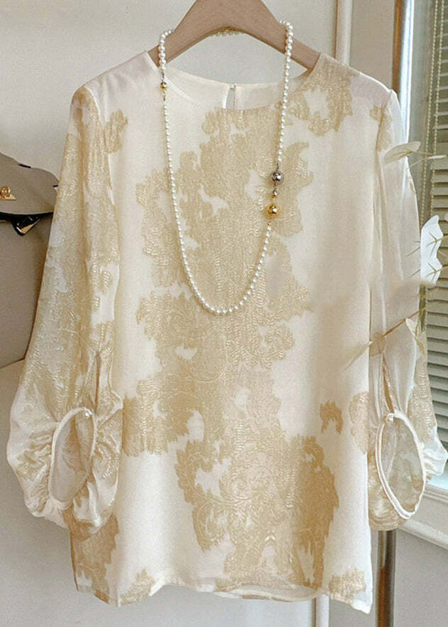 Art Apricot O-Neck Jacquard Patchwork Silk Blouse - Y2K Summer Grunge 90s Retro Fashion