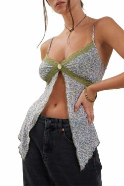 Arya Lace Detailed Slit Top - Y2K Summer, 90s Grunge, Retro, Pastel Goth, Y2K Party Outfit