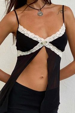 Arya Lace Detailed Slit Top - Y2K Summer, 90s Grunge, Retro, Pastel Goth, Y2K Party Outfit