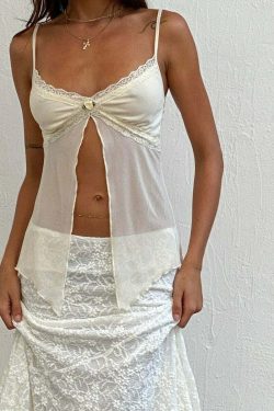 Arya Lace Detailed Slit Top - Y2K Summer, 90s Grunge, Retro, Pastel Goth, Y2K Party Outfit