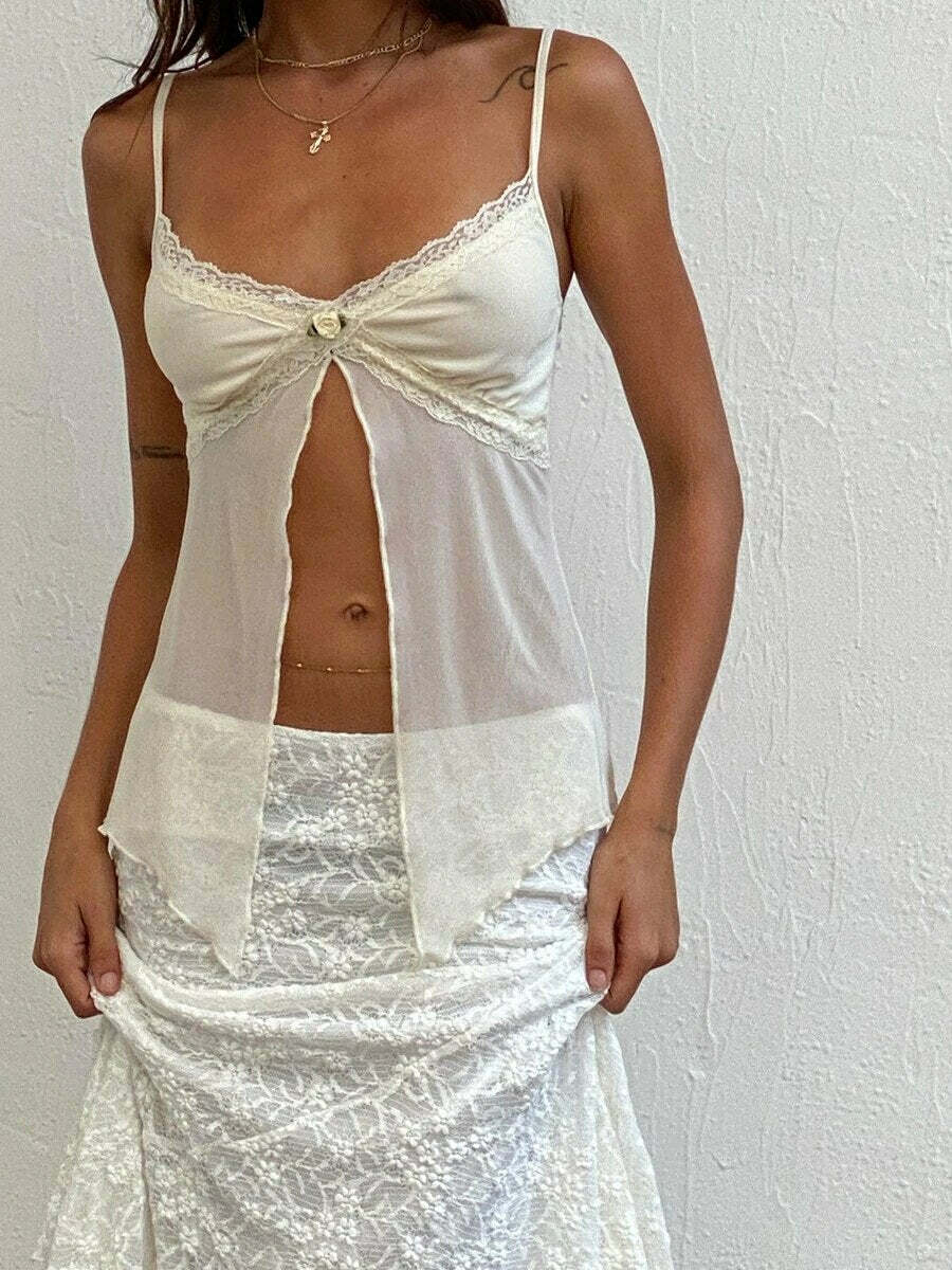 Arya Lace Detailed Slit Top - Y2K Summer, 90s Grunge, Retro, Pastel Goth, Y2K Party Outfit