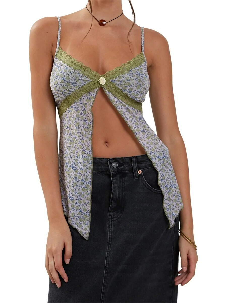 Arya Lace Detailed Slit Top - Y2K Summer, 90s Grunge, Retro, Pastel Goth, Y2K Party Outfit