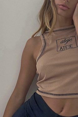 Ateje Beige Tank Top - Y2K Summer Grunge, 90s Retro, Pastel Goth, Y2K Party & Club Out