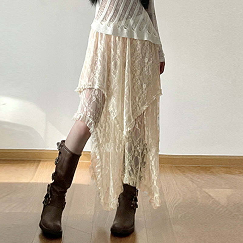 Avalyn Lace Midi Skirt - Y2K Summer, 90s Fashion, Grunge, Retro, Pastel Goth, Y2K Party