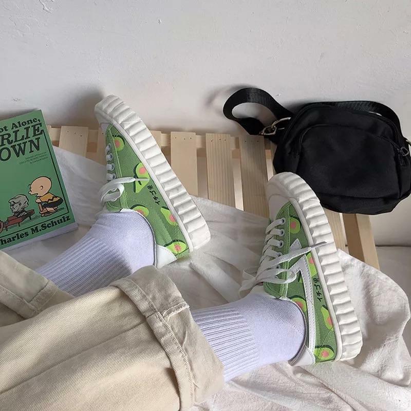 Avocado Lace Sneakers - Y2K Summer Grunge, 90s Retro, Pastel Goth, Y2K Popstar, Y2K